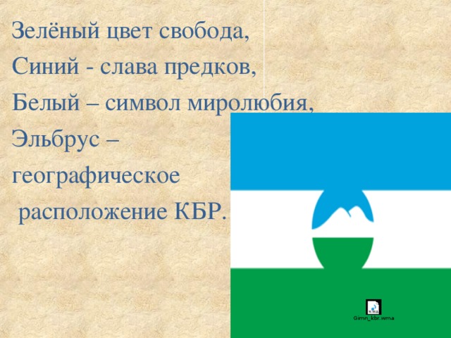 Зелёный цвет свобода, Синий - слава предков, Белый – символ миролюбия, Эльбрус – географическое  расположение КБР. 