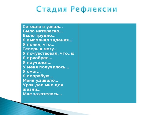 Сегодня я узнал… Было интересно… Было трудно… Я выполнял задания… Я понял, что… Теперь я могу… Я почувствовал, что..ю Я приобрел… Я научился… У меня получилось… Я смог… Я попробую… Меня удивило… Урок дал мне для жизни… Мне захотелось…  