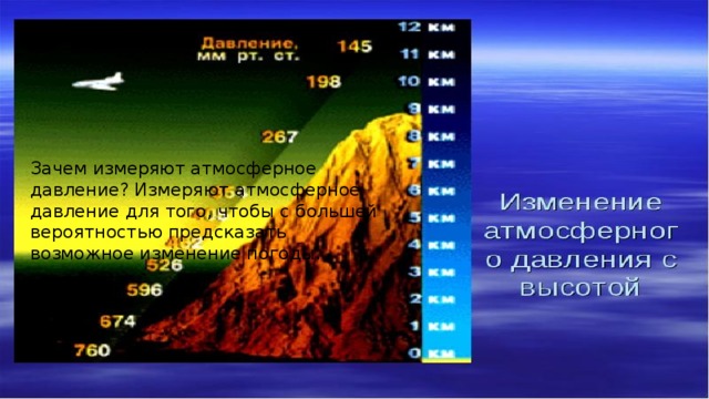 Зачем измеряют атмосферное давление? Измеряют атмосферное давление для того, чтобы с большей вероятностью предсказать возможное изменение погоды. 