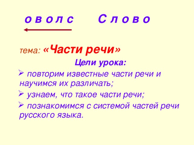 о в о л с С л о в о    тема:  «Части речи»    Цели урока:  повторим известные части речи и научимся их различать;  узнаем, что такое части речи;  познакомимся с системой частей речи русского языка.