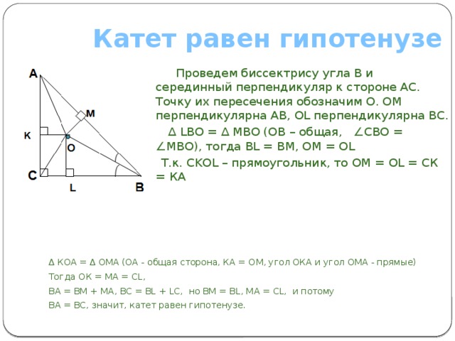 Катет и биссектриса в прямоугольном треугольнике. Катет равен гипотенузе. Катет равен гипотенузе софизм. Серединный перпендикуляр к гипотенузе в прямоугольном треугольнике. Биссектриса к гипотенузе.