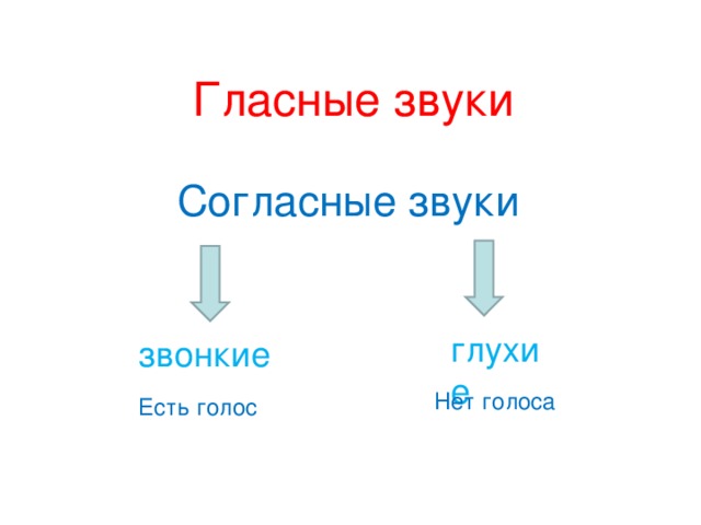  Гласные звуки Согласные звуки глухие звонкие Нет голоса Есть голос 