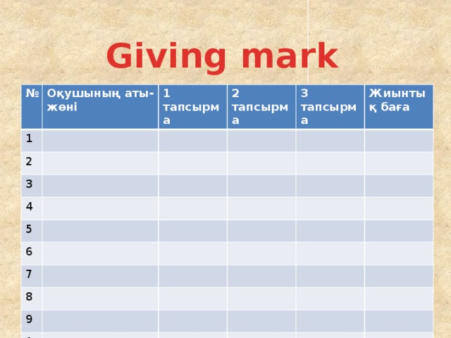 Giving mark № 1 Оқушының аты-жөні 2 1 тапсырма 2 тапсырма 3 3 тапсырма 4 Жиынтық баға 5 6 7 8 9 10 