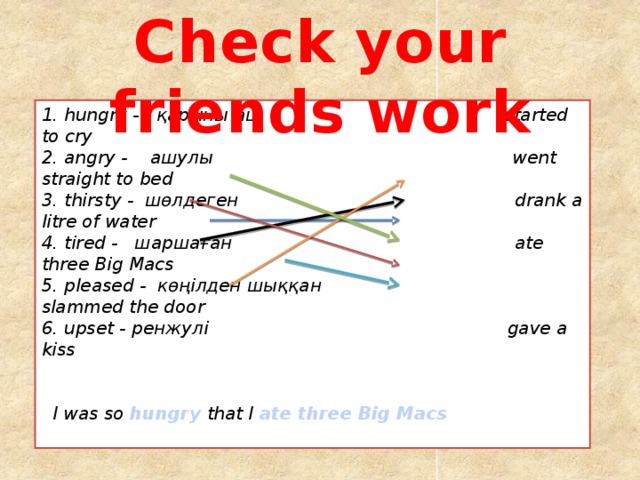 Check your friends work 1. hungry - қарыны аш started to cry 2. angry - ашулы went straight to bed 3. thirsty - шөлдеген drank a litre of water 4. tired - шаршаған ate three Big Macs 5. pleased - көңілден шыққан slammed the door 6. upset - ренжулі gave a kiss    I was so hungry that I ate three Big Macs   