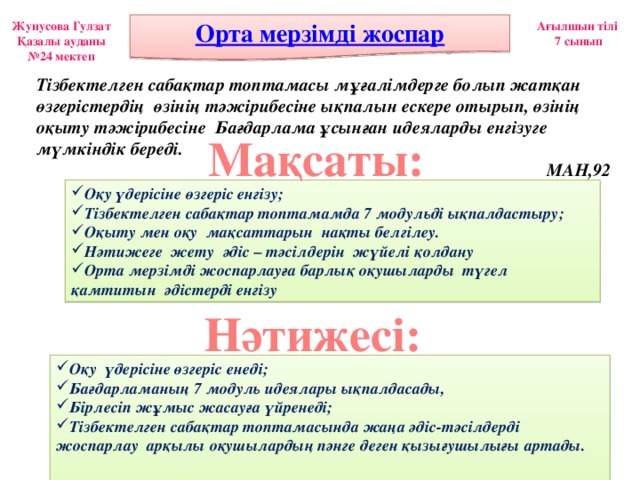 Жунусова Гулзат Ағылшын тілі Қазалы ауданы 7 сынып № 24 мектеп Тізбектелген сабақтар топтамасы мұғалімдерге болып жатқан өзгерістердің өзінің тәжірибесіне ықпалын ескере отырып, өзінің оқыту тәжірибесіне Бағдарлама ұсынған идеяларды енгізуге мүмкіндік береді.  МАН,92  Мақсаты: Оқу үдерісіне өзгеріс енгізу; Тізбектелген сабақтар топтамамда 7 модульді ықпалдастыру; Оқыту мен оқу мақсаттарын нақты белгілеу. Нәтижеге жету әдіс – тәсілдерін жүйелі қолдану Орта мерзімді жоспарлауға барлық оқушыларды түгел қамтитын әдістерді енгізу Нәтижесі: Оқу үдерісіне өзгеріс енеді; Бағдарламаның 7 модуль идеялары ықпалдасады, Бірлесіп жұмыс жасауға үйренеді; Тізбектелген сабақтар топтамасында жаңа әдіс-тәсілдерді жоспарлау арқылы оқушылардың пәнге деген қызығушылығы артады.  