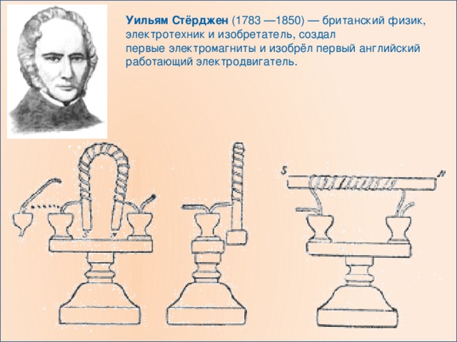 Уильям Стёрджен  (1783 —1850) — британский физик, электротехник и изобретатель, создал первые электромагниты и изобрёл первый английский работающий электродвигатель. 