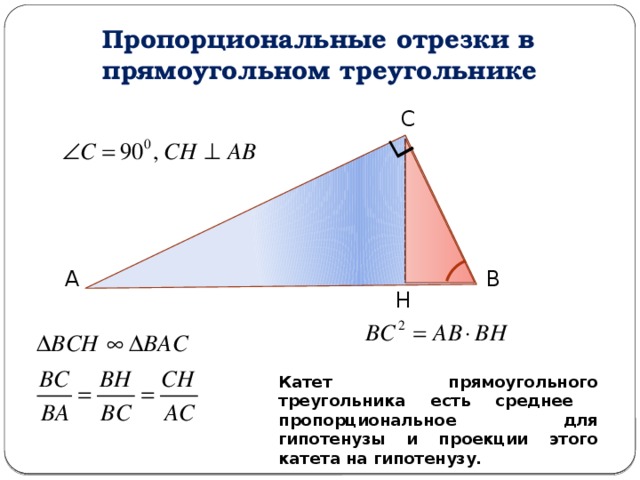 Пропорциональные отрезки в прямоугольном треугольнике С А В Н Катет прямоугольного треугольника есть среднее пропорциональное для гипотенузы и проекции этого катета на гипотенузу. 