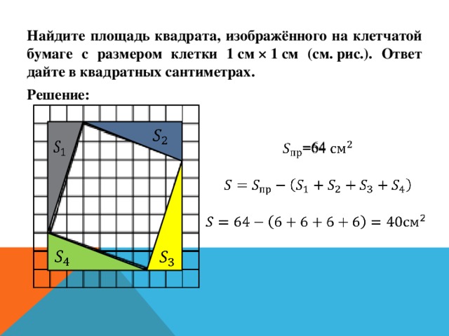 Найдите площадь квадрата, изображённого на клетчатой бумаге с размером клетки 1 см × 1 см (см. рис.). Ответ дайте в квадратных сантиметрах. Решение:      =64       