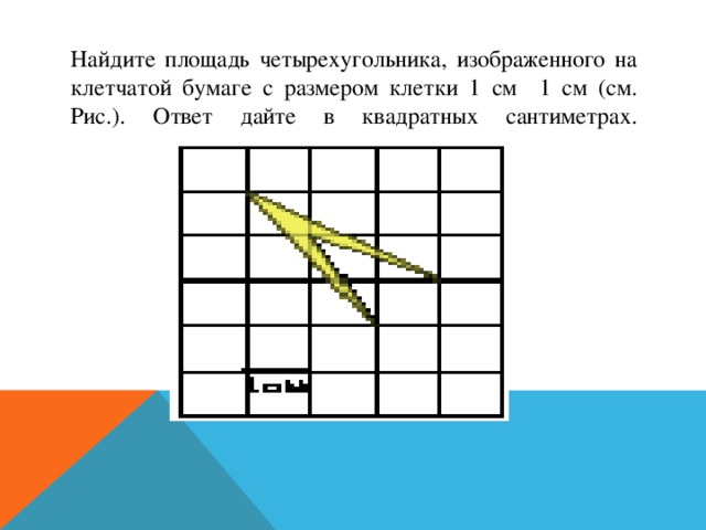 Найдите площадь четырехугольника, изображенного на клетчатой бумаге с размером клетки 1 см 1 см (см. Рис.). Ответ дайте в квадратных сантиметрах.   