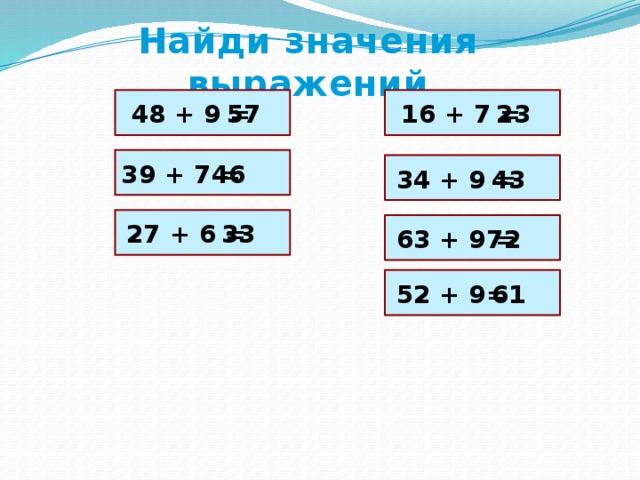 Найди значения выражений 23 16 + 7 = 48 + 9 = 57 39 + 7 = 46 34 + 9 = 43 33 27 + 6 = 63 + 9 = 72 52 + 9= 61 
