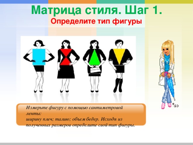 Матрица стиля. Шаг 1.  Определите тип фигуры   Измерьте фигуру с помощью сантиметровой ленты: ширину плеч; талию; объем бедер. Исходя из полученных размеров определите свой тип фигуры.  