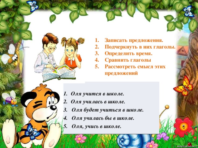 Записать предложения. Подчеркнуть в них глаголы. Определить время. Сравнить глаголы Рассмотреть смысл этих предложений  Оля учится в школе. Оля училась в школе. 3. Оля будет учиться в школе.  4. Оля училась бы в школе. 5. Оля, учись в школе. 