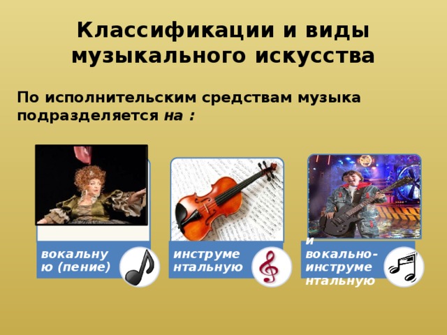 Классификации и виды музыкального искусства По исполнительским средствам музыка подразделяется на : .  вокальную (пение) инструментальную и вокально-инструментальную 