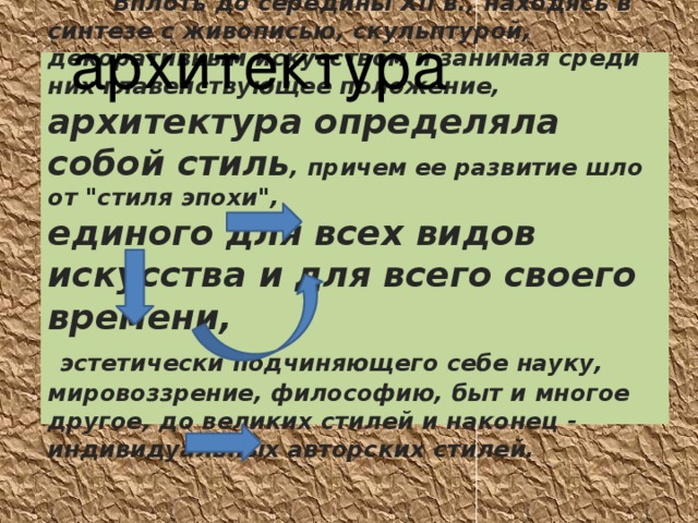 архитектура             Вплоть до середины XII в., находясь в синтезе с живописью, скульптурой, декоративным искусством и занимая среди них главенствующее положение, архитектура определяла собой стиль , причем ее развитие шло от 