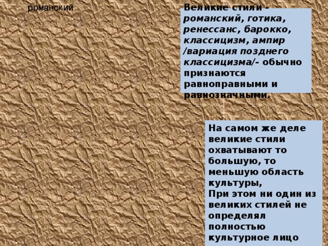 романский романский   Великие стили - романский, готика, ренессанс, барокко, классицизм, ампир /вариация позднего классицизма/- обычно признаются равноправными и равнозначными.    На самом же деле великие стили охватывают то большую, то меньшую область культуры, При этом ни один из великих стилей не определял полностью культурное лицо эпохи и страны.  готика готика ренессанс ренессанс барокко барокко классицизм классицизм Ампир Ампир 