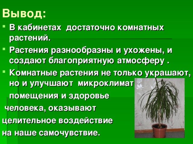 Вывод: В кабинетах достаточно комнатных растений. Растения разнообразны и ухожены, и создают благоприятную атмосферу . Комнатные растения не только украшают, но и улучшают микроклимат  помещения и здоровье  человека, оказывают целительное воздействие на наше самочувствие.  