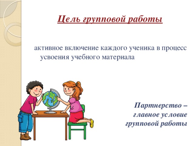 Цель групповой работы активное включение каждого ученика в процесс усвоения учебного материала Партнерство – главное условие групповой работы 