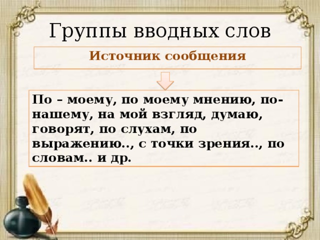 По моему вводное слово. По моему мнению вводное слово. Группы вводных слов источник сообщения. Предложения с вводными словами по моему. Водные слова по мнению.