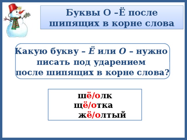 Буквы О –Ё после шипящих в корне слова Какую букву – Ё или О – нужно писать  под ударением после шипящих в корне слова? ш ё/о лк  щ ё/о тка   ж ё/о лтый 
