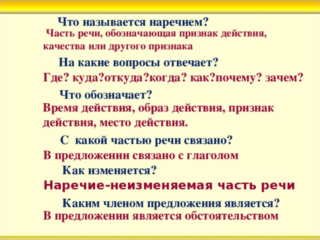 Что называется наречием?    Часть речи, обозначающая признак действия, качества или другого признака На какие вопросы отвечает? Где? куда?откуда?когда? как?почему? зачем? Что обозначает? Время действия, образ действия, признак действия, место действия.  С какой частью речи связано? В предложении связано с глаголом Как изменяется? Наречие-неизменяемая часть речи Каким членом предложения является? В предложении является обстоятельством