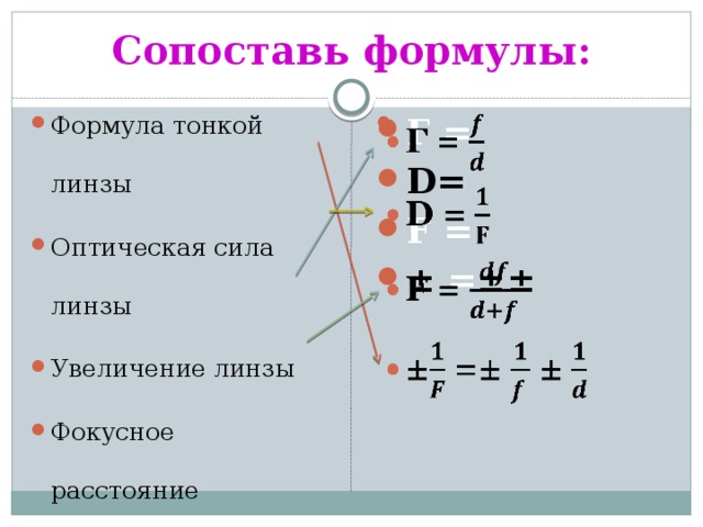 Сопоставь формулы: Формула тонкой линзы Оптическая сила линзы Увеличение линзы Фокусное расстояние Г = D= F = ± = ±±   