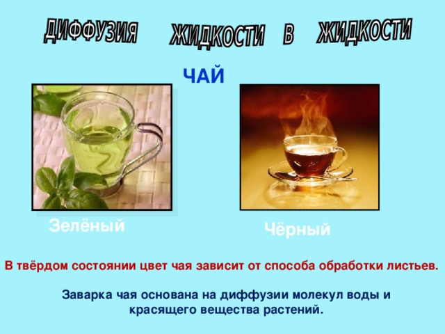 ЧАЙ Зелёный Чёрный В твёрдом состоянии цвет чая зависит от способа обработки листьев. Заварка чая основана на диффузии молекул воды и красящего вещества растений.  