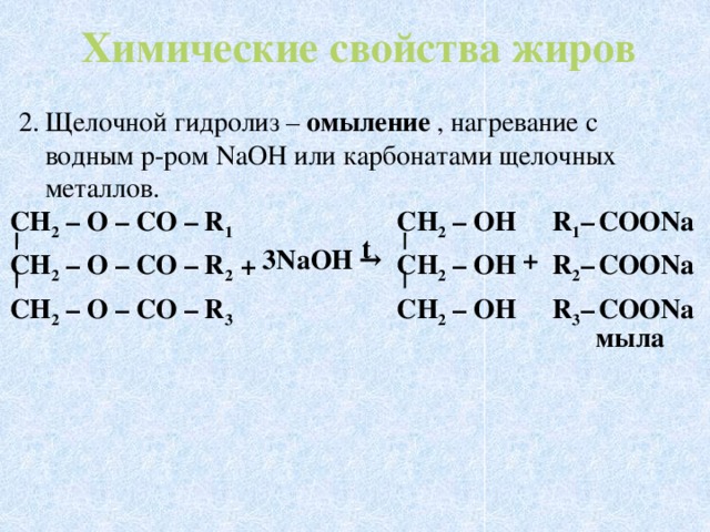 Применение жиров химия 10 класс. Физические и химические свойства жиров химия. Химические свойства жиров уравнения реакций.