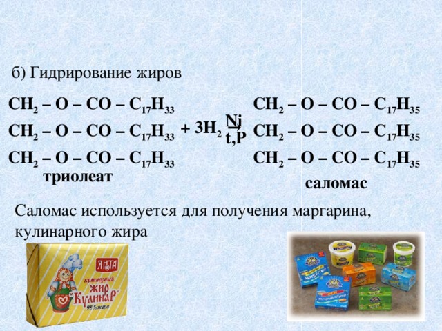 б) Гидрирование жиров СН 2 – О – СО – С 17 Н 35 СН 2 – О – СО – С 17 Н 33 СН 2 – О – СО – С 17 Н 33 СН 2 – О – СО – С 17 Н 35 СН 2 – О – СО – С 17 Н 35 СН 2 – О – СО – С 17 Н 33 Ni → 3H 2 + t,P триолеат саломас Саломас используется для получения маргарина, кулинарного жира  