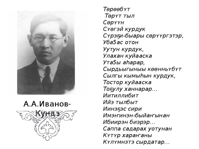 Тѳрѳѳбʏт  Тѳрʏт тыл Сѳрʏʏн Сʏѳгэй курдук Сʏрэҕи-быары сѳрʏʏргэтэр, Уба5ас отон Уутун курдук, Улахан куйааска Ута5ы аhарар, Сырдьыгыныы кѳѳнньʏбʏт Сылгы кымыhын курдук, Тостор куйааска Тоҕулу ханнарар… Иитиллибит Ийэ тылбыт Иинэҕэс сири Имэҥинэн-быйаҥынан Ибиирэн биэрэр… Саппа садарах уотунан Кʏтʏр хараҥаны Кʏлʏмнэтэ сырдатар…  А.А.Иванов-Кундэ 