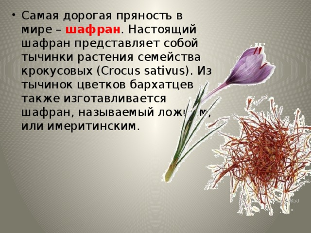 Самая дорогая пряность в мире – шафран . Настоящий шафран представляет собой тычинки растения семейства крокусовых (Crocus sativus). Из тычинок цветков бархатцев также изготавливается шафран, называемый ложным, или имеритинским. 