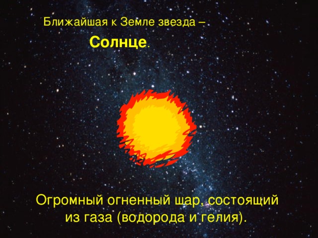  Ближайшая к Земле звезда –  Солнце .  Огромный огненный шар, состоящий из газа (водорода и гелия). 