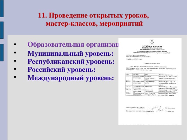 11. Проведение открытых уроков,  мастер-классов, мероприятий Образовательная организация : Муниципальный уровень: Республиканский уровень: Российский уровень: Международный уровень: