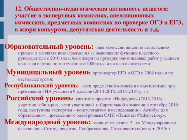 12. Общественно-педагогическая активность педагога: участие в экспертных комиссиях, апелляционных комиссиях, предметных комиссиях по проверке ОГЭ и ЕГЭ, в жюри конкурсов, депутатская деятельность и т.д. Образовательный уровень:  член комиссии лицея по выполнению приказа о выплатах вознаграждения за выполнение функций классного руководителя с 2010 года, член жюри по проверке олимпиадных работ учащихся школьного этапа по математике с 2006 года и по настоящее время;  Муниципальный  уровень : организатор ЕГЭ и ОГЭ с 2006 года и по настоящее время; Республиканский уровень:  член предметной комиссии по математике при проведении ГИА учащихся 9 классов (2014-2015, 2015-2016 у. г.);  Российский уровень :  участие в проекте «Инфоурок» (2013-2016); участник вебинаров , член участковой избирательной комиссии в сентябре 2016 года, выступила экспертом – консультантом в исследовании « Автобус для образования» , проведенного электронным СМИ «Педсовет/Pedsovet.org». Международный уровень: заочный участник 3 –го Международного фестиваля « Сотрудничество, Сообразование, Сотворчество »(август, 2015г)