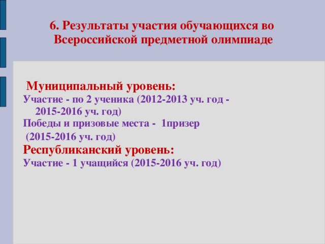 6. Результаты участия обучающихся во Всероссийской предметной олимпиаде  Муниципальный уровень: Участие - по 2 ученика (2012-2013 уч. год - 2015-2016 уч. год) Победы и призовые места -  1призер  (2015-2016 уч. год) Республиканский уровень: Участие - 1 учащийся (2015-2016 уч. год)