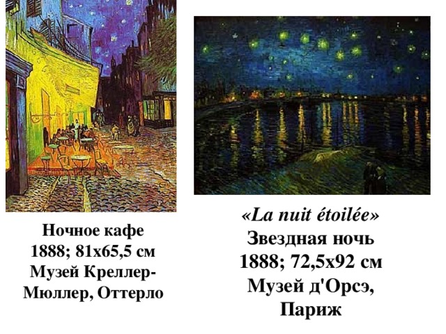 «La nuit étoilée» Звездная ночь 1888; 72,5х92 см  Музей д'Орсэ, Париж Ночное кафе 1888; 81х65,5 см  Музей Креллер-Мюллер, Оттерло 