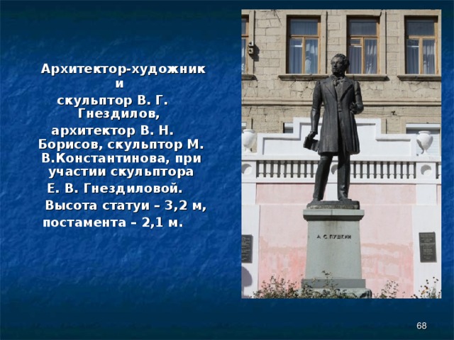  Архитектор-художник и скульптор В. Г. Гнездилов, архитектор В. Н. Борисов, скульптор М. В.Константинова, при участии скульптора  Е. В. Гнездиловой.  Высота статуи – 3,2 м, постамента – 2,1 м.  