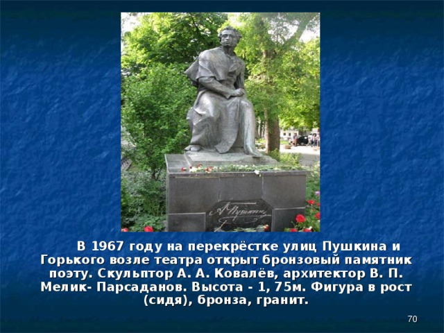  В 1967 году на перекрёстке улиц Пушкина и Горького возле театра открыт бронзовый памятник поэту. Скульптор А. А. Ковалёв, архитектор В. П. Мелик- Парсаданов. Высота - 1, 75м. Фигура в рост (сидя), бронза, гранит.  