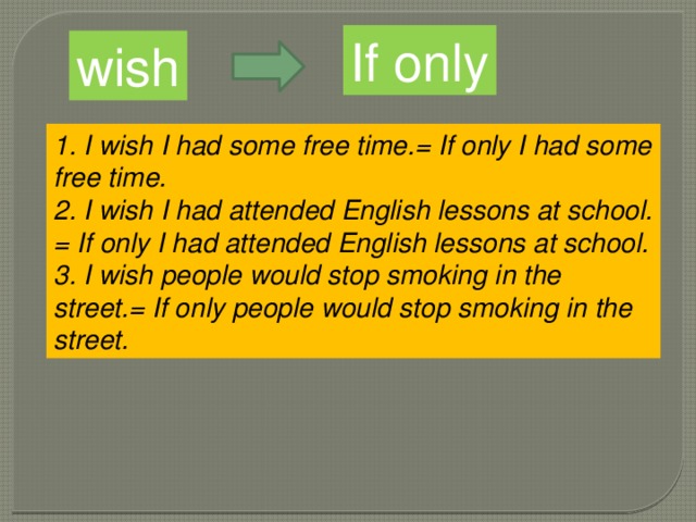 If only wish 1. I wish I had some free time.= If only I had some free time. 2. I wish I had attended English lessons at school. = If only I had attended English lessons at school. 3. I wish people would stop smoking in the street.= If only people would stop smoking in the street.  