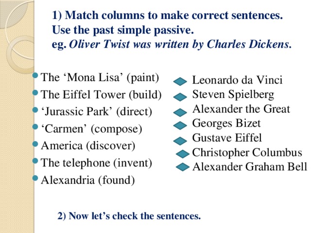 1) Match columns to make correct sentences.  Use the past simple passive.  еg. Oliver Twist was written by Charles Dickens. The ‘Mona Lisa’ (paint) The Eiffel Tower (build) ‘ Jurassic Park’ (direct) ‘ Carmen’ (compose) America (discover) The telephone (invent) Alexandria (found) Leonardo da Vinci Steven Spielberg Alexander the Great Georges Bizet Gustave Eiffel Christopher Columbus Alexander Graham Bell 2) Now let’s check the sentences. 