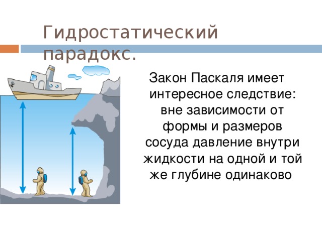 Гидростатический парадокс. Закон Паскаля имеет интересное следствие: вне зависимости от формы и размеров сосуда давление внутри жидкости на одной и той же глубине одинаково 