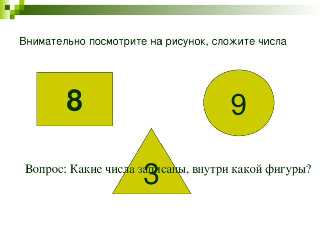 Внимательно посмотрите на рисунок, сложите числа 9 8 3 Вопрос: Какие числа записаны, внутри какой фигуры? 