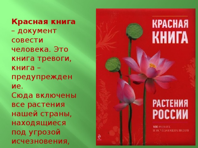 Красная книга – документ совести человека. Это книга тревоги, книга – предупреждение. Сюда включены все растения нашей страны, находящиеся под угрозой исчезновения, редкие виды растений. 