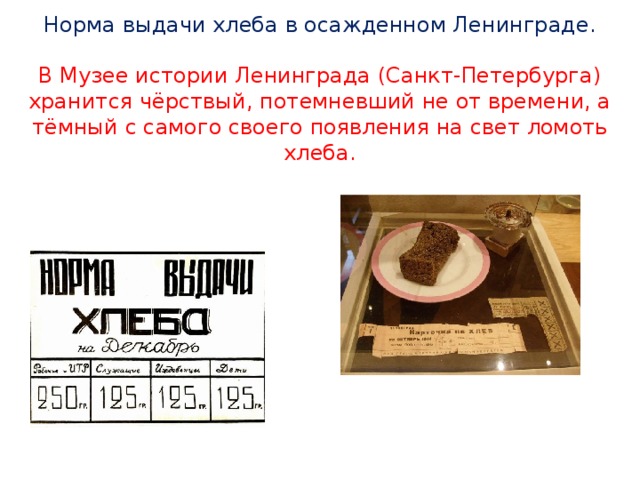 Норма выдачи хлеба в осажденном Ленинграде.   В Музее истории Ленинграда (Санкт-Петербурга) хранится чёрствый, потемневший не от времени, а тёмный с самого своего появления на свет ломоть хлеба.