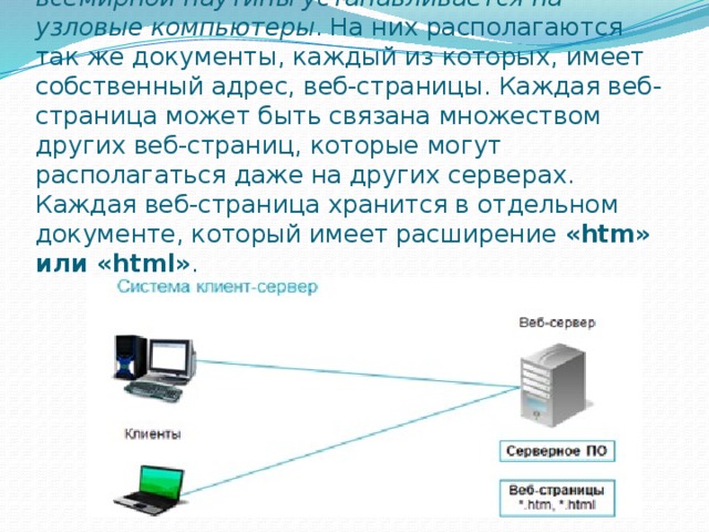 Серверное программное обеспечение всемирной паутины устанавливается на узловые компьютеры . На них располагаются так же документы, каждый из которых, имеет собственный адрес, веб-страницы. Каждая веб-страница может быть связана множеством других веб-страниц, которые могут располагаться даже на других серверах. Каждая веб-страница хранится в отдельном документе, который имеет расширение  «htm» или «html» . 