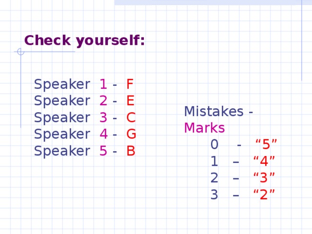 Check yourself: Speaker 1 - F Speaker 2 - E Speaker 3 - C Speaker 4 - G Speaker 5 - B Mistakes - Marks  0 - “5”  1 – “4”   2 – “3”  3 – “2”