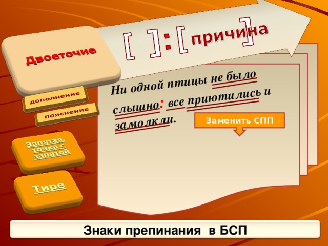 Ни одной птицы не было слышно : все приютились и замолкли.   Заменить СПП Знаки препинания в БСП