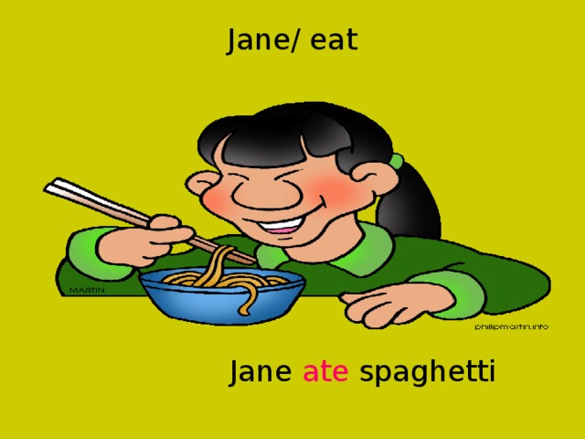 Jane/ eat  Jane ate spaghetti 