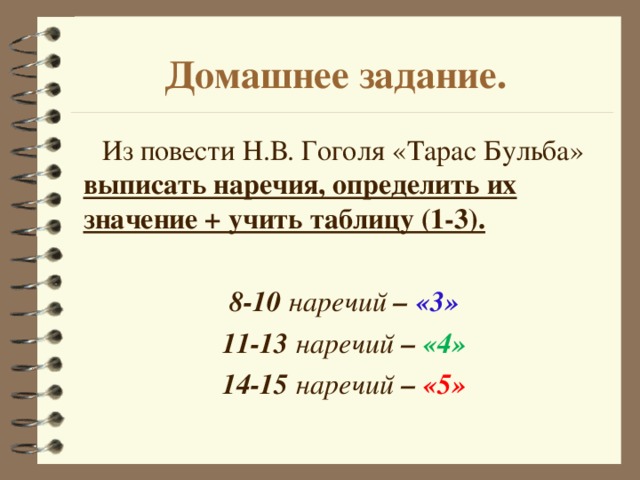  Домашнее задание.  Из повести Н.В. Гоголя «Тарас Бульба» выписать наречия, определить их значение + учить таблицу (1-3).   8-10 наречий – «3»  11-13 наречий – «4»  14-15 наречий – «5» 