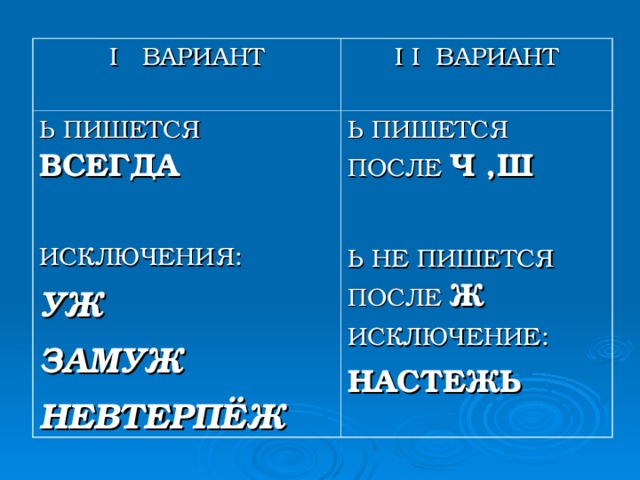 I ВАРИАНТ I I ВАРИАНТ Ь ПИШЕТСЯ ВСЕГДА  ИСКЛЮЧЕНИЯ: УЖ ЗАМУЖ НЕВТЕРПЁЖ Ь ПИШЕТСЯ ПОСЛЕ Ч ,Ш  Ь НЕ ПИШЕТСЯ ПОСЛЕ Ж ИСКЛЮЧЕНИЕ: НАСТЕЖЬ   