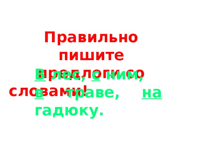 Правильно пишите предлоги со словами! В лес, с ним, в траве, на гадюку. 